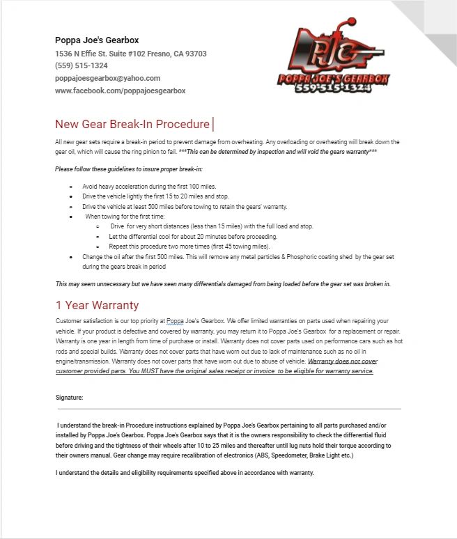 New Gear BreakIn Procedure